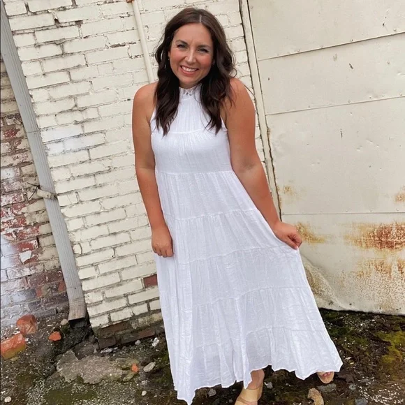 flowy midi white dress Women's What Comes Next White Multi Cotton Floral Midi Dress | Size: L